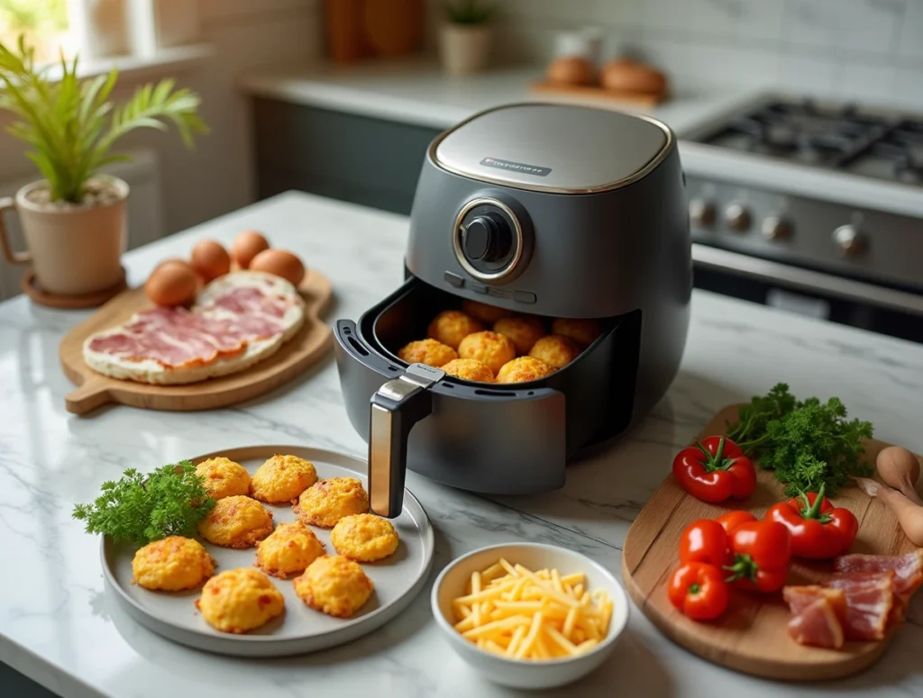 An overhead shot of a kitchen counter with an air fryer in the center. On the counter, there are perfectly cooked egg bites arranged on a plate, surrounded by ingredients like eggs, cheese, vegetables, and bacon. The air fryer is open, showing egg bites inside, crisping up. The scene is warm and inviting, with natural light pouring through a window. The background features modern kitchen elements like marble countertops, stainless steel appliances, and a cozy, homey atmosphere.