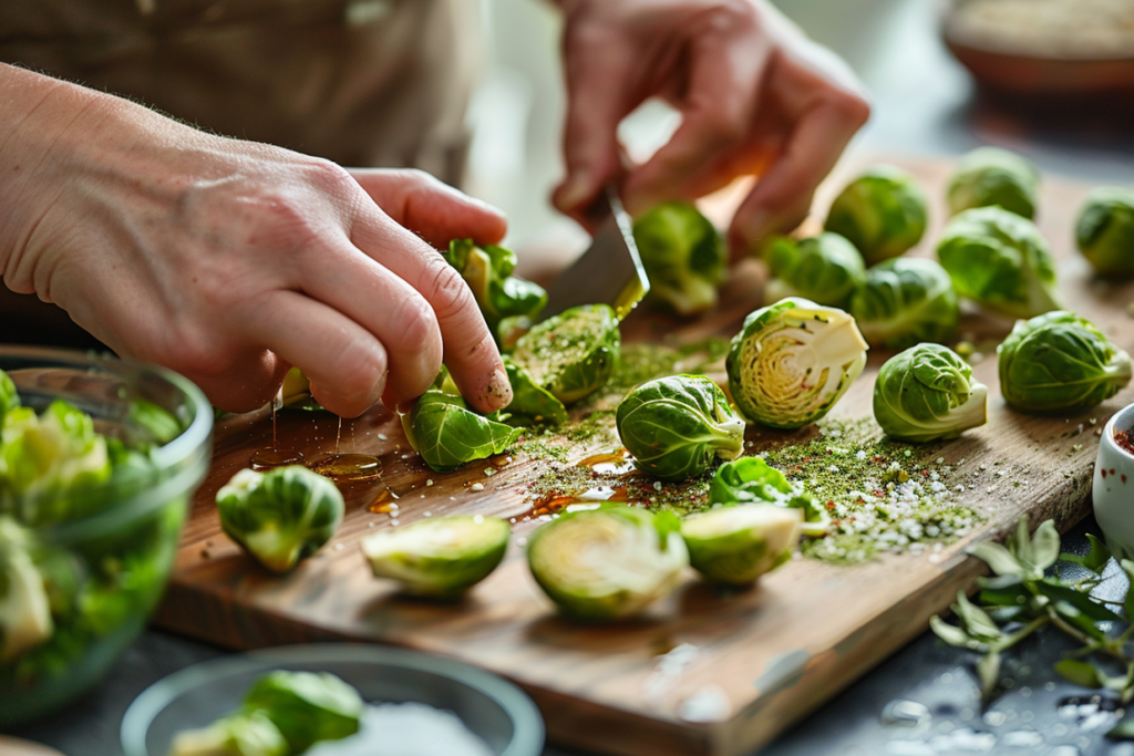 Hands trimming Brussels sprouts on a wooden cutting board, cutting off stems and removing outer leaves. Halved and quartered sprouts are arranged nearby, with bowls of olive oil, salt, pepper, garlic powder, and smoked paprika. A small dish holds Brussels sprouts marinating in balsamic vinegar. The scene highlights the step-by-step preparation process for air frying Brussels sprouts in a modern kitchen setting.