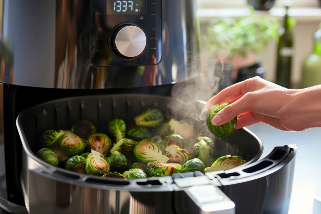 Preheated air fryer showing 375°F (190°C) with Brussels sprouts being placed into the basket in a single layer. A hand shakes the basket halfway through cooking, with golden brown Brussels sprouts moving around for even browning. After cooking, the Brussels sprouts are checked for crispiness, with some showing perfectly crispy edges and others returned to the fryer for extra cooking time.