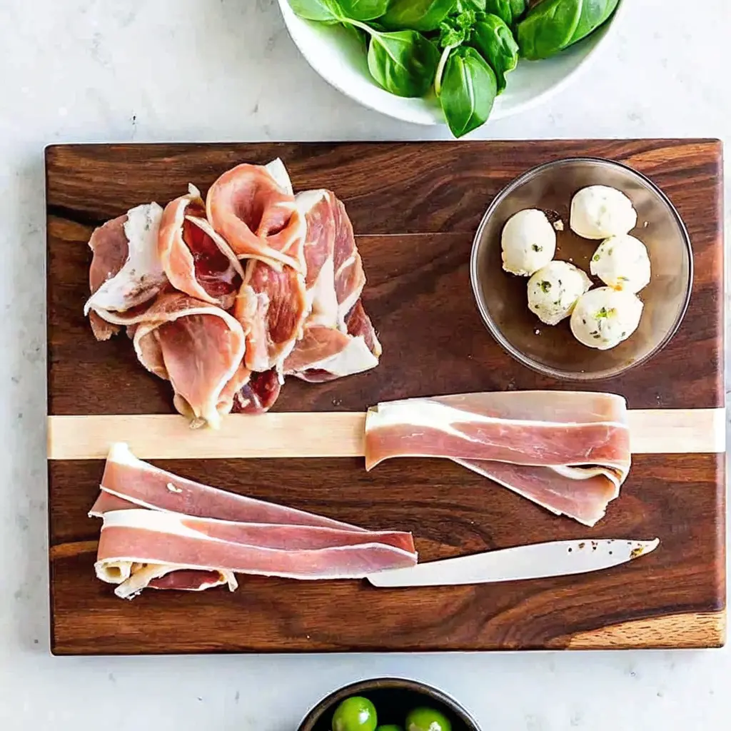 Mozzarella Hapjes met Prosciutto en Basilicum