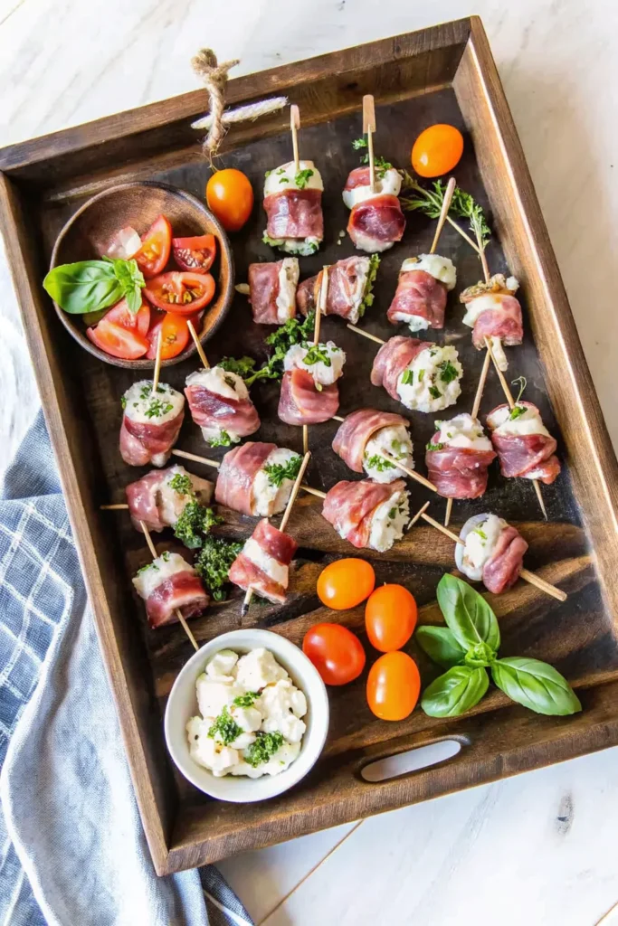 Mozzarella Hapjes met Prosciutto en Basilicum