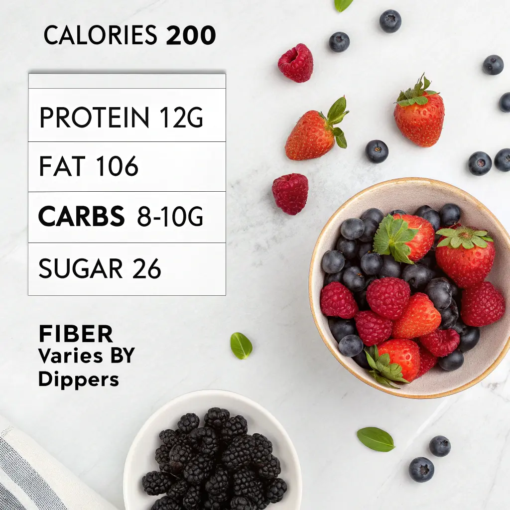 Modern nutrition label graphic, white background, bold minimalist design, high-contrast black text, flat infographic style, includes: Calories ~200, Protein 12g, Fat 10g, Carbs ~8–10g, Sugar ~2g, Fiber: varies by dippers, clean layout, health-conscious branding, ideal for recipe blog or wellness conten
