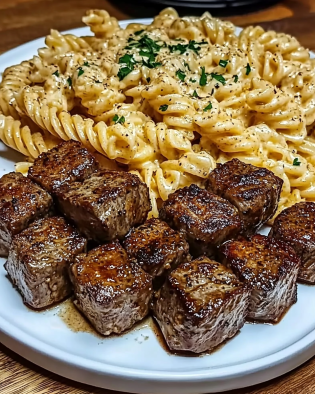 Knoflookboter Biefstukblokjes & Pittige Cajun Alfredo Gedraaide Pasta