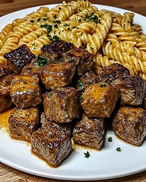 Knoflookboter Biefstukblokjes & Pittige Cajun Alfredo Gedraaide Pasta