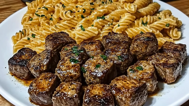 Knoflookboter Biefstukblokjes & Pittige Cajun Alfredo Gedraaide Pasta