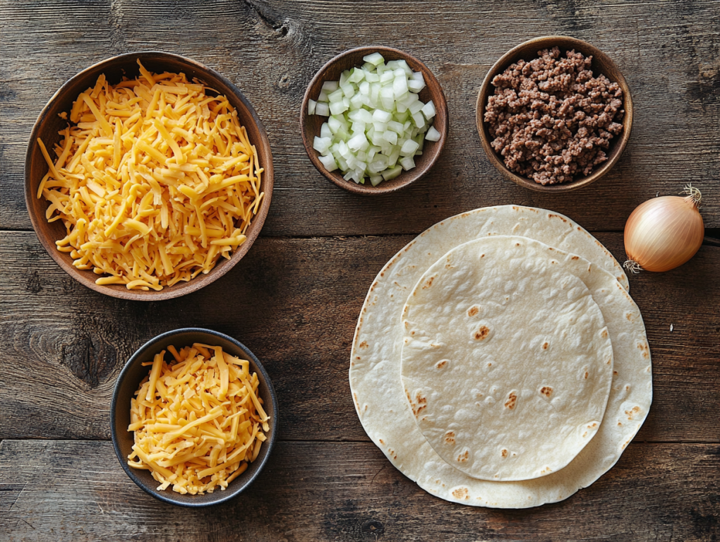 450 g rundergehakt
100 g geraspte cheddar kaas
4 grote wraps (flour tortilla’s)
