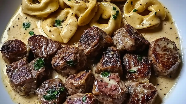 Knoflookboter Steak Bites met Alfredo Tortellini