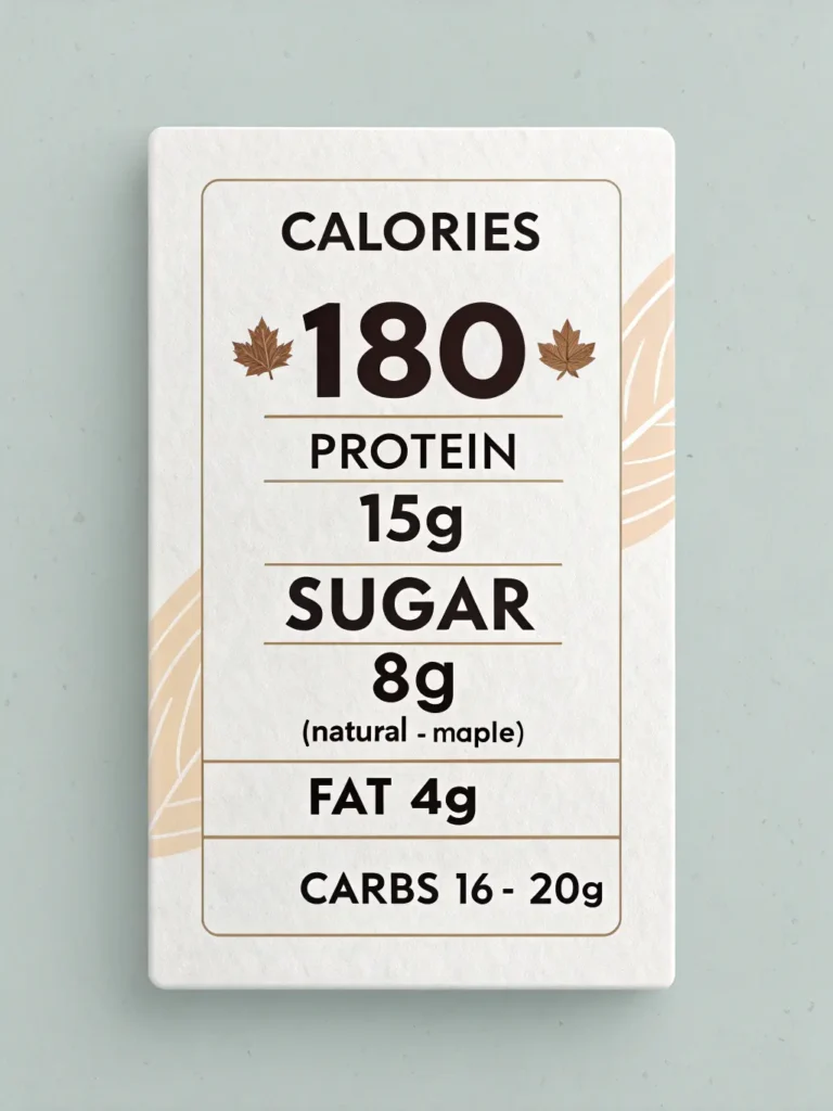 Minimalist modern nutrition label design, white background, bold black text, clean layout, showing: Calories ~180, Protein 15g, Sugar ~8g (natural + maple), Fat 4g, Carbs 16–20g, simple infographic style, flat design, high contrast, aesthetically pleasing, ideal for food blog or healthy recipe post