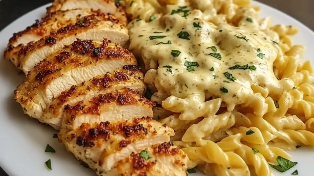 Romige Knoflook-Parmezaan Kip met Kaasachtige Gedraaide Past