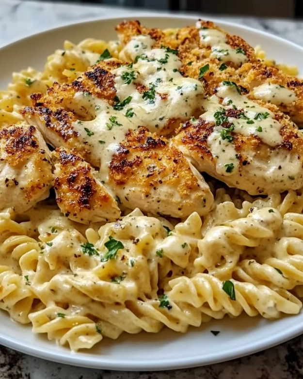 Romige Knoflook-Parmezaan Kip met Kaasachtige Gedraaide Past