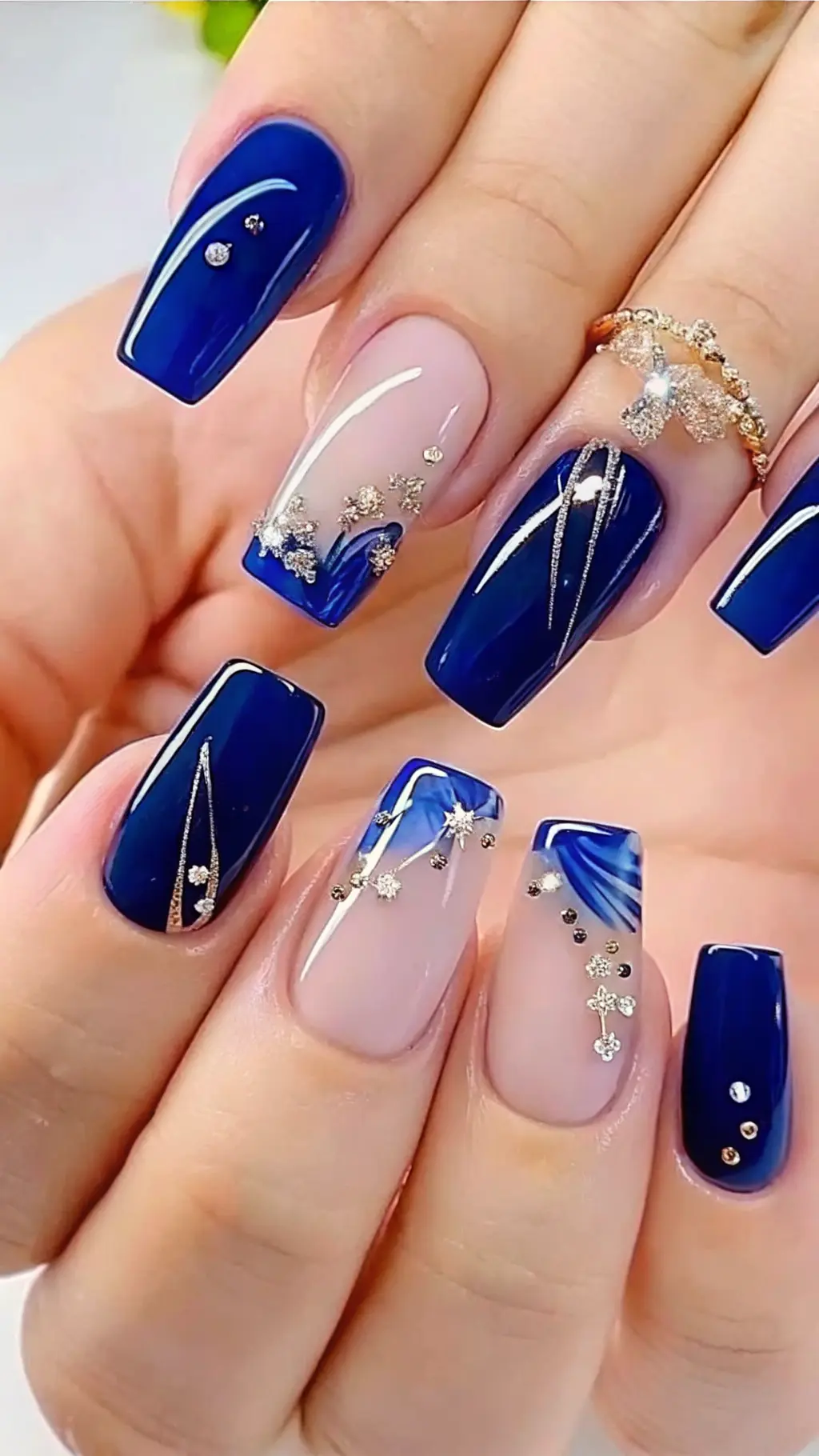 Elegant Royal Blue & Nude Nail Designs